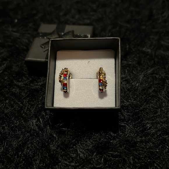 Gold earrings with red, white & blue stones. 1/2 inch circumference. - Picture 2 of 5